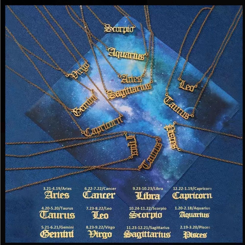 ⭐️ 14k Gold 18” Figaro Zodiac  Name Plate Necklace.(All 12signs available)